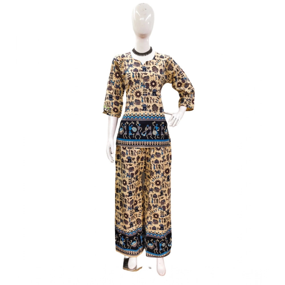 Women's Cotton Jaipuri Printed 3-4th Sleeve Co ord Set (Multicolor)