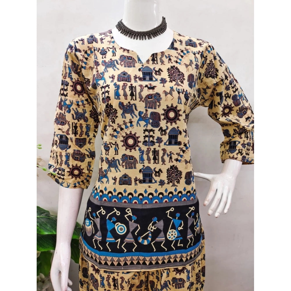 Women's Cotton Jaipuri Printed 3-4th Sleeve Co ord Set (Multicolor)