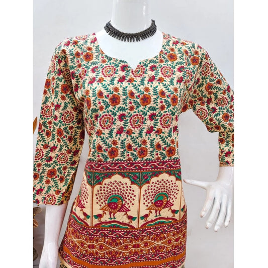 Women's Cotton Jaipuri Printed 3-4th Sleeve Co ord Set (Multicolor)