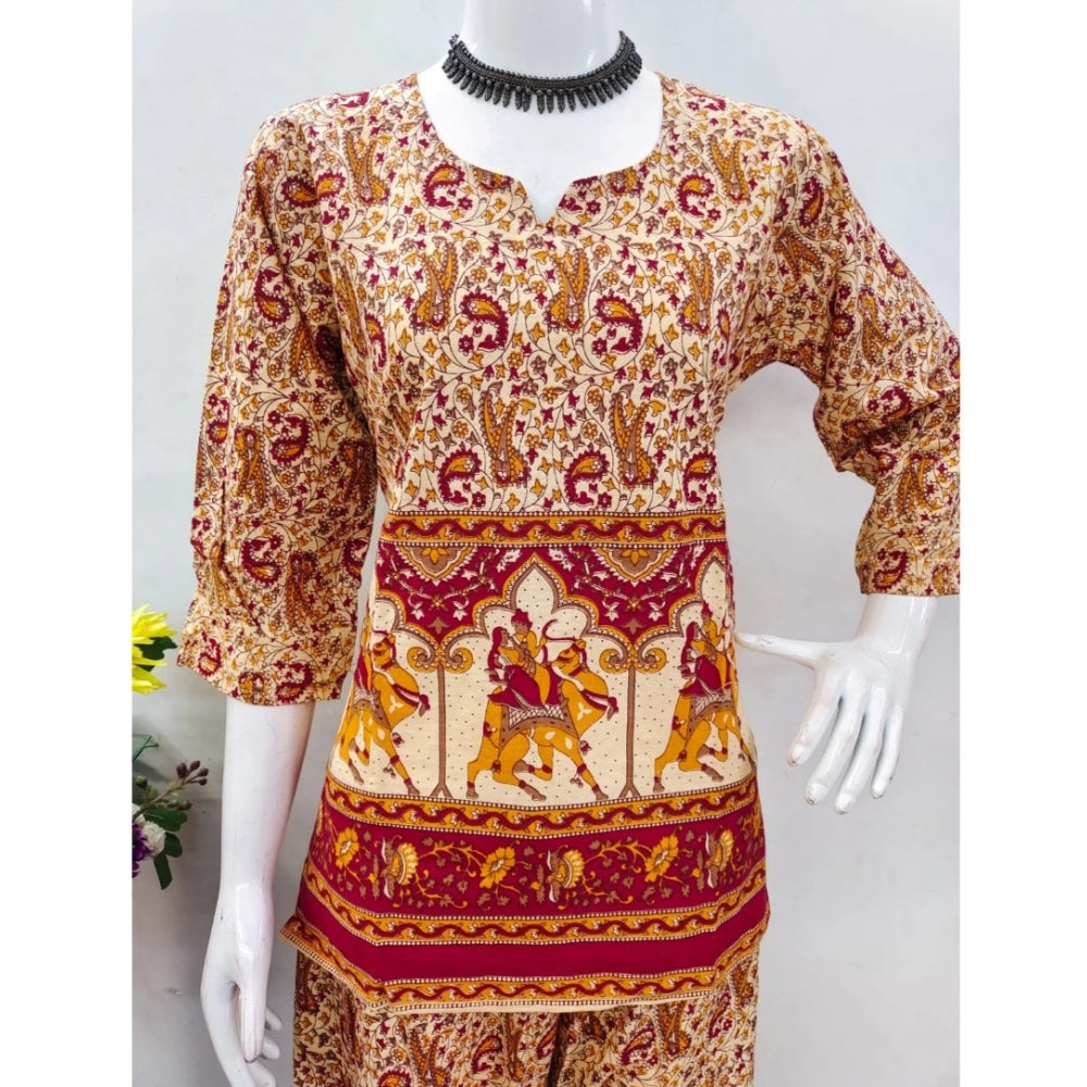 Women's Cotton Jaipuri Printed 3-4th Sleeve Co ord Set (Multicolor)