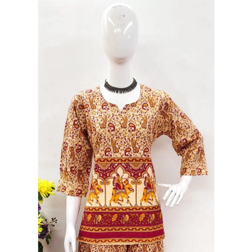 Women's Cotton Jaipuri Printed 3-4th Sleeve Co ord Set (Multicolor)