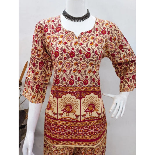 Women's Cotton Jaipuri Printed 3-4th Sleeve Co ord Set (Multicolor)