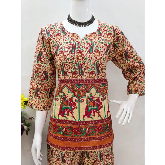 Women's Cotton Jaipuri Printed 3-4th Sleeve Co ord Set (Multicolor)