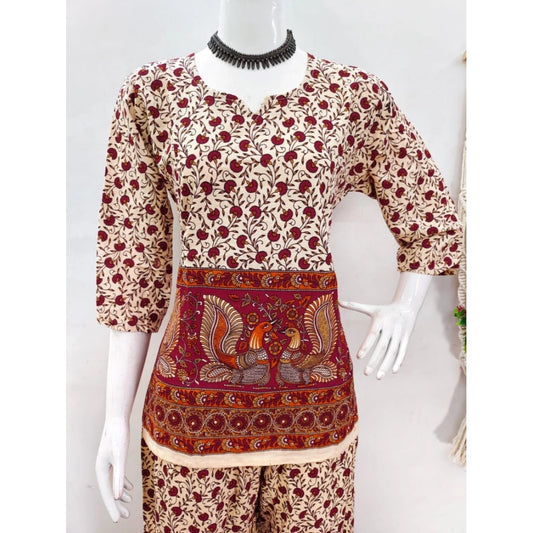 Women's Cotton Jaipuri Printed 3-4th Sleeve Co ord Set (Multicolor)