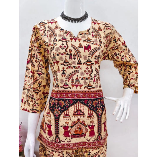 Women's Cotton Jaipuri Printed 3-4th Sleeve Co ord Set (Multicolor)