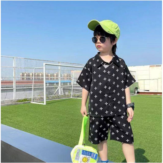 Generic Kid's Lycra Printed Casual wear Shirt And Shorts Set (Black)