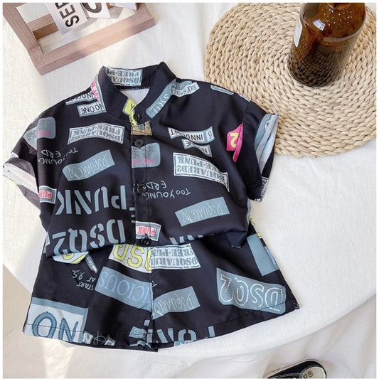 Kid's Lycra Printed Casual wear Shirt And Shorts Set (Black)