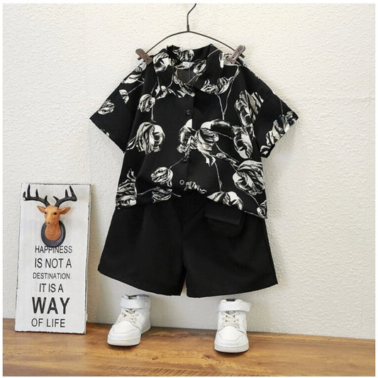 Kid's Lycra Printed Casual wear Shirt And Shorts Set (Black)