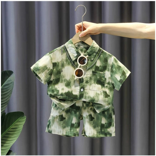 Generic Kid's Lycra Printed Casual wear Shirt And Shorts Set (Green)