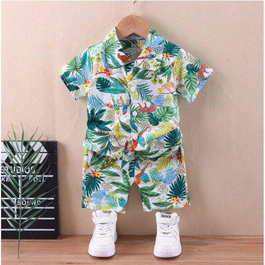 Generic Kid's Lycra Printed Casual wear Shirt And Shorts Set (Green)
