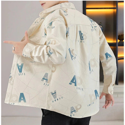 Men's Casual Cotton Printed Full Sleeve Collar Shirt (Beige)