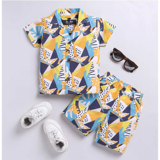 Generic Boy's Lycra Blend Printed Short Sleeve Shirt and Shorts Set (MultiColor)