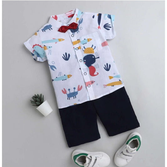 Generic Boy's Cotton Blend Printed Short Sleeve Shirt and Shorts Set (White)