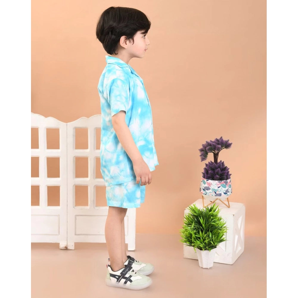 Boy's Twill Cotton Printed Short Sleeve Shirt And Shorts Set (Sky Blue)