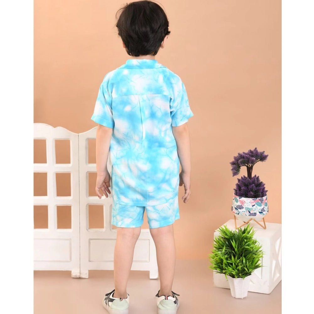 Boy's Twill Cotton Printed Short Sleeve Shirt And Shorts Set (Sky Blue)