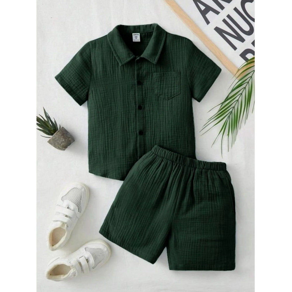 Boy's Popcorn Solid Short Sleeve Shirt And Shorts Set (Green)